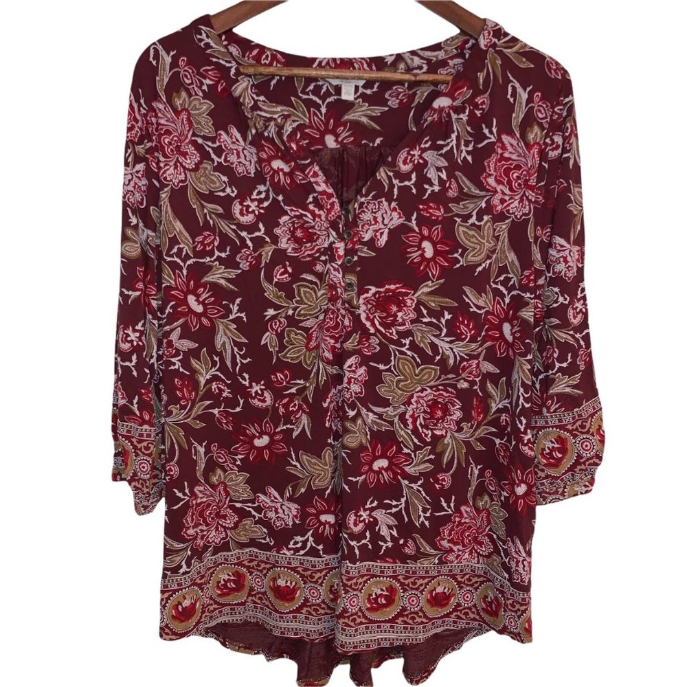 LUCKY BRAND SZ 2X FLORAL PRINT 3/4 SLEEVE V-NECK BLOUSE RED BURGUNDY